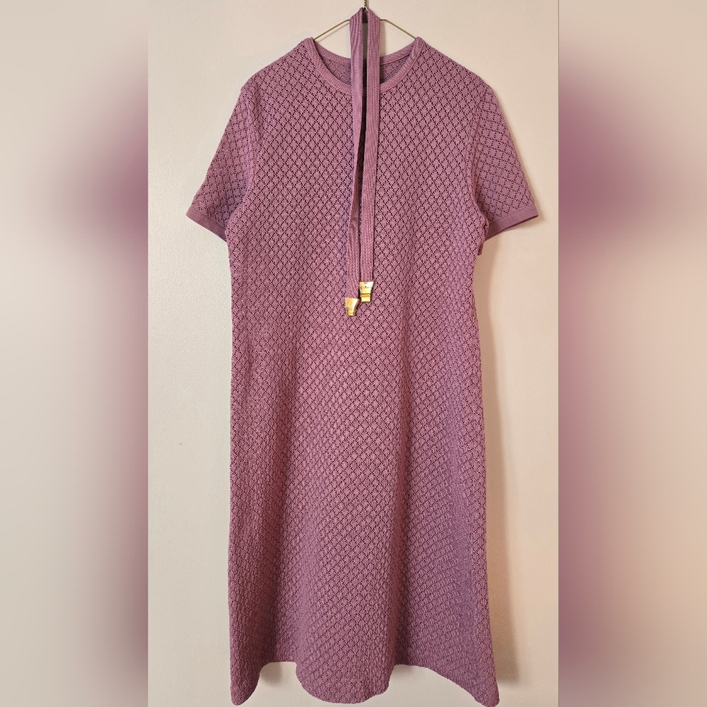 Vintage Purple Knee Length Dress Euromotte Tricot D'or, Short Sleeve